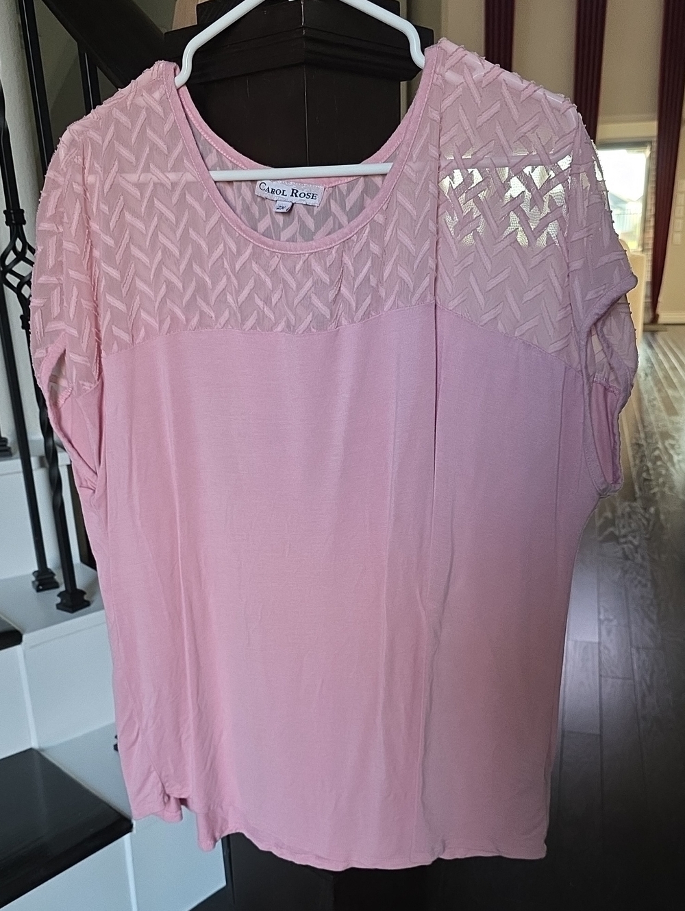 Carol Rose Blush Pink Short Sleeve Lace-Yoke Blouse